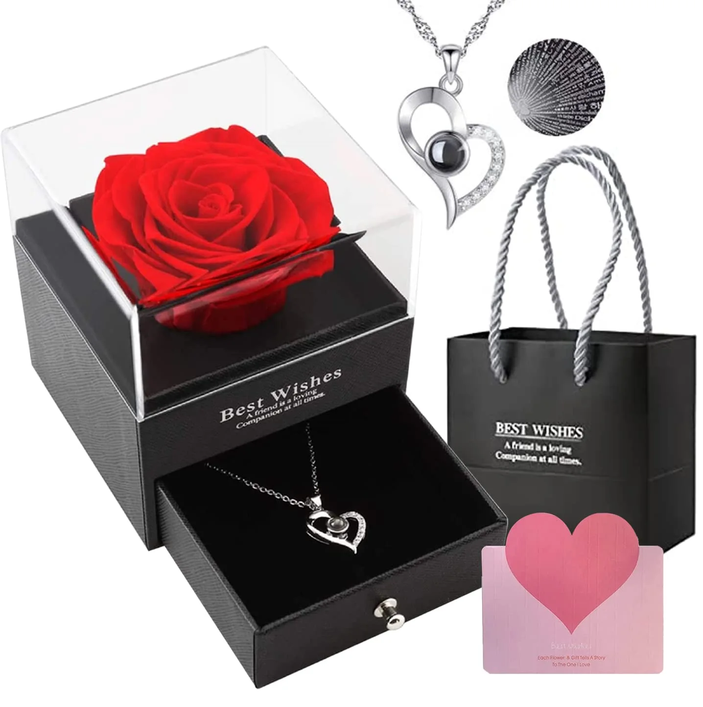 Preserved Rose with 100 Languages "I Love You" Necklace